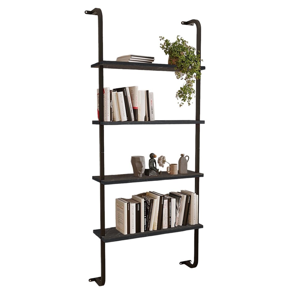 image 1 of 4 Shelf Wall Mounted Wooden Bookshelf With Metal Frame | Multi | Black Marble | One Size | 1