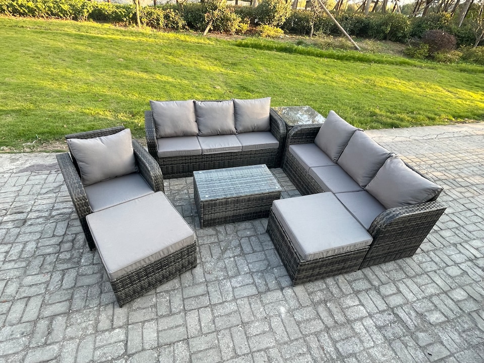 image 1 of Fimous 9 Seater Rattan Lounge Sofa Set Outdoor Garden Furniture Set with Rectangular Coffee Table 3 Seater Sofa 2 Big Footstool Side Table Dark Grey Mixed
