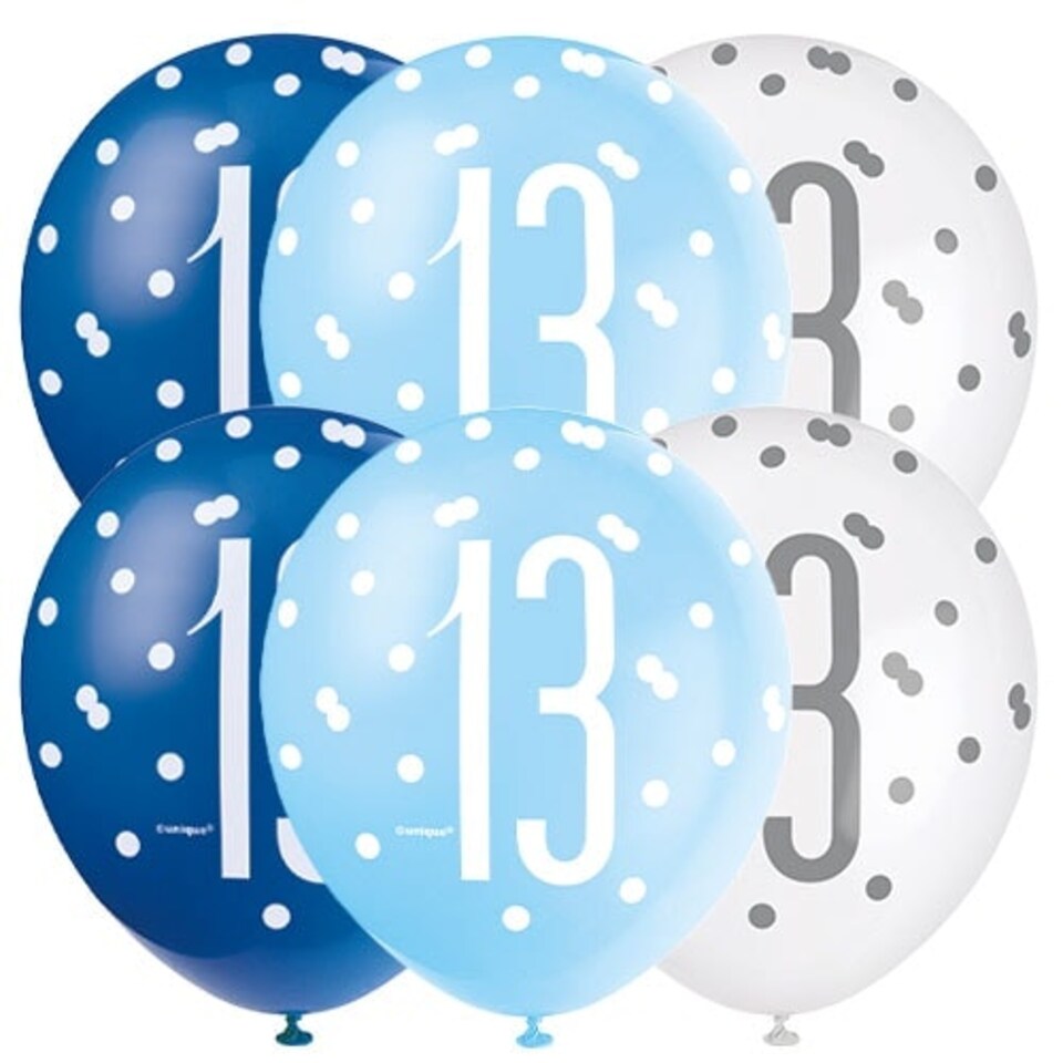 image 1 of Blue Glitz Age 13 Assorted Biodegradable Latex Balloons 30cm / 12 in - Pack of 6