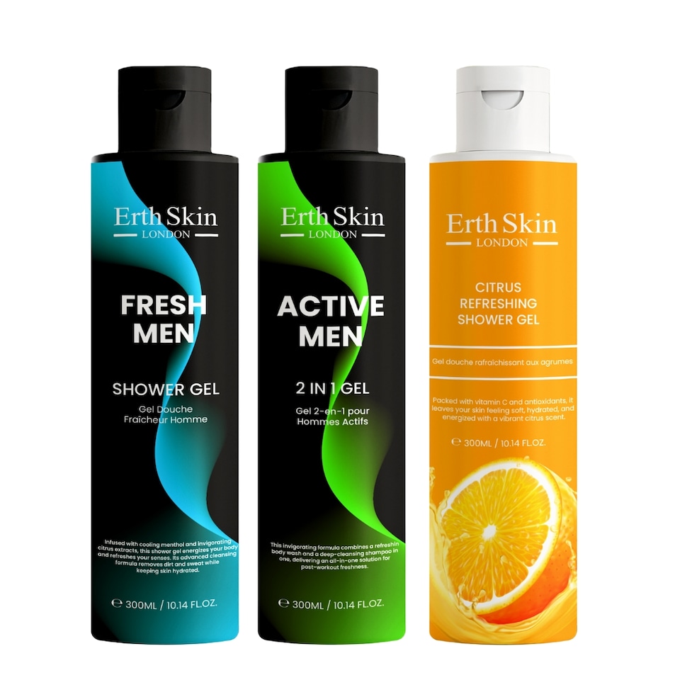 Erth Skin London Fresh Men Shower Gel 300ml + Active Men 2-in-1 Gel 300ml + Citrus Refreshing Shower Gel 300ml