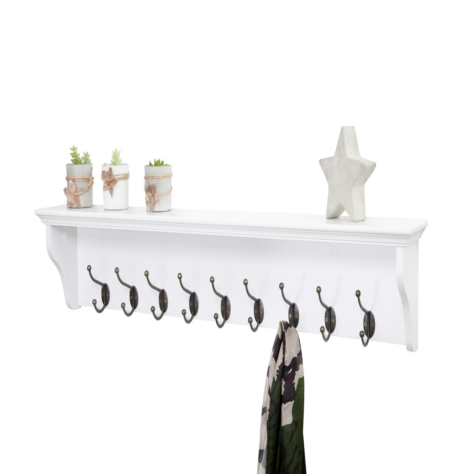image 1 of Elegant Brands Richmond Wall-Mounted Coat Rack with 9 Hooks and Shelf White | L