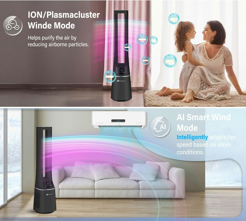 image 1 of PureMate 42-Inch Bladeless Tower Fan with Air Purifier - Black