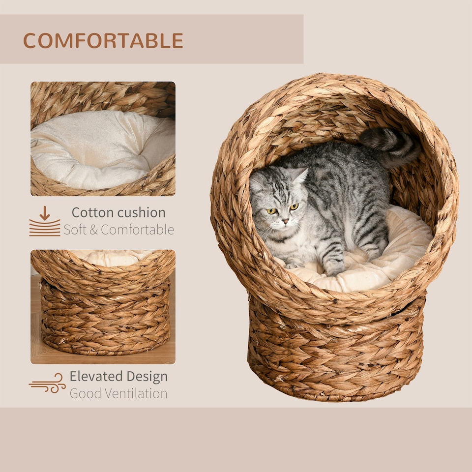 image 1 of PawHut Wicker Cat House, Raised Cat Bed with Cylindrical Base, 40 x 37 x 51 cm