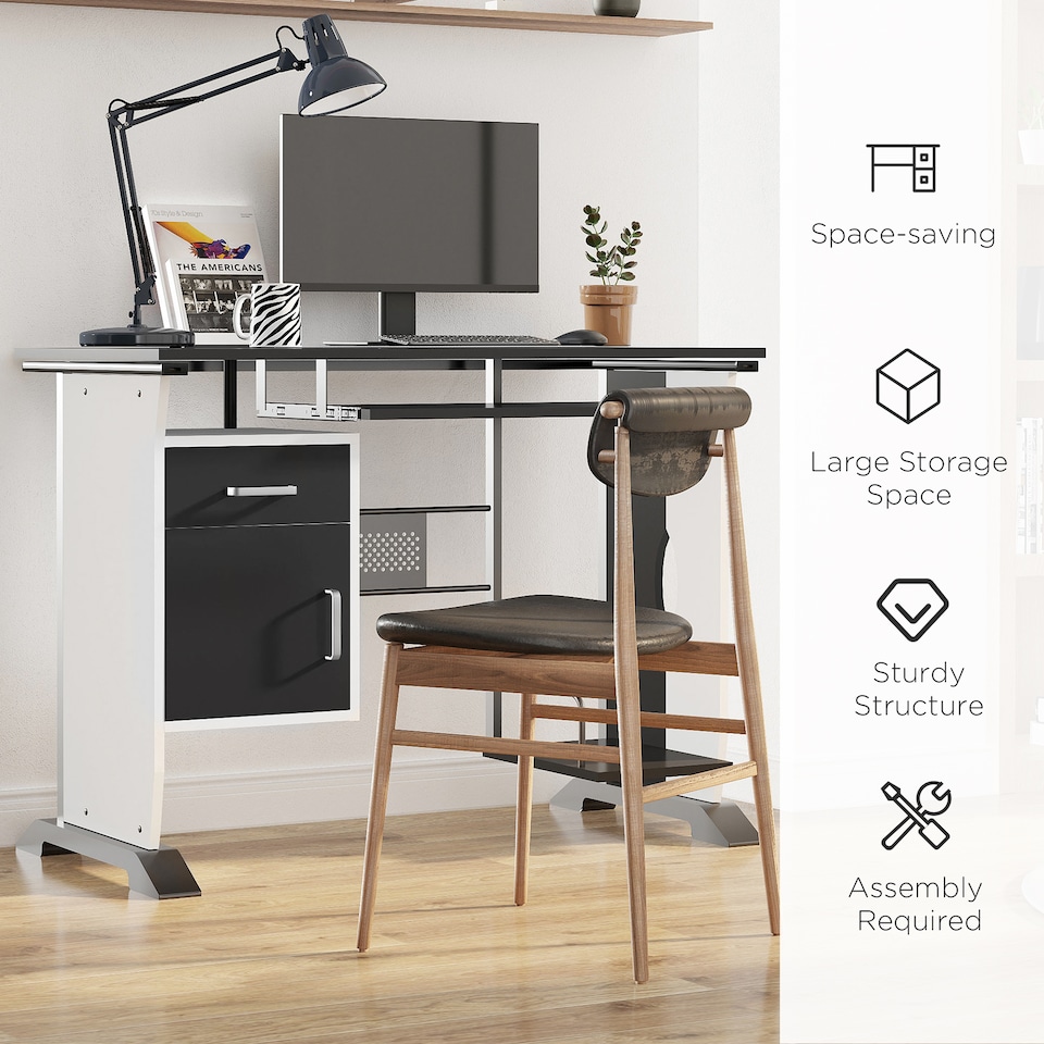 image 1 of HOMCOM Computer Desk with Sliding Keyboard Tray, Storage Drawers and Host Box Shelf, Home Office Desk, Study Workstation, 100 x 52 x 75cm, Black