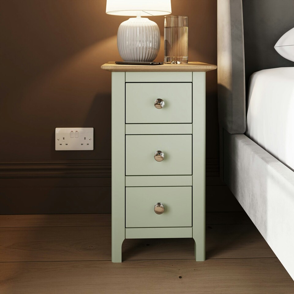 image 1 of Taberno Oak 3 Drawer Bedside Table Nightstand Cabinet Sage Green