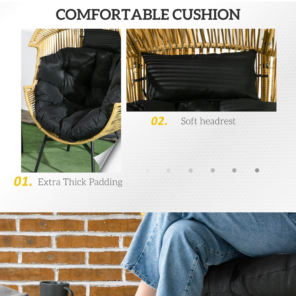 image 1 of Outsunny Rattan Leisure Chair w/ Cushion, Garden Egg Chair with Headrest, Sand