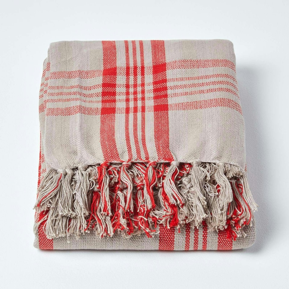 image 1 of Homescapes Grey and Red Tartan Check Sofa and Bed Throw - 255 x 360 cm | Multi | 1