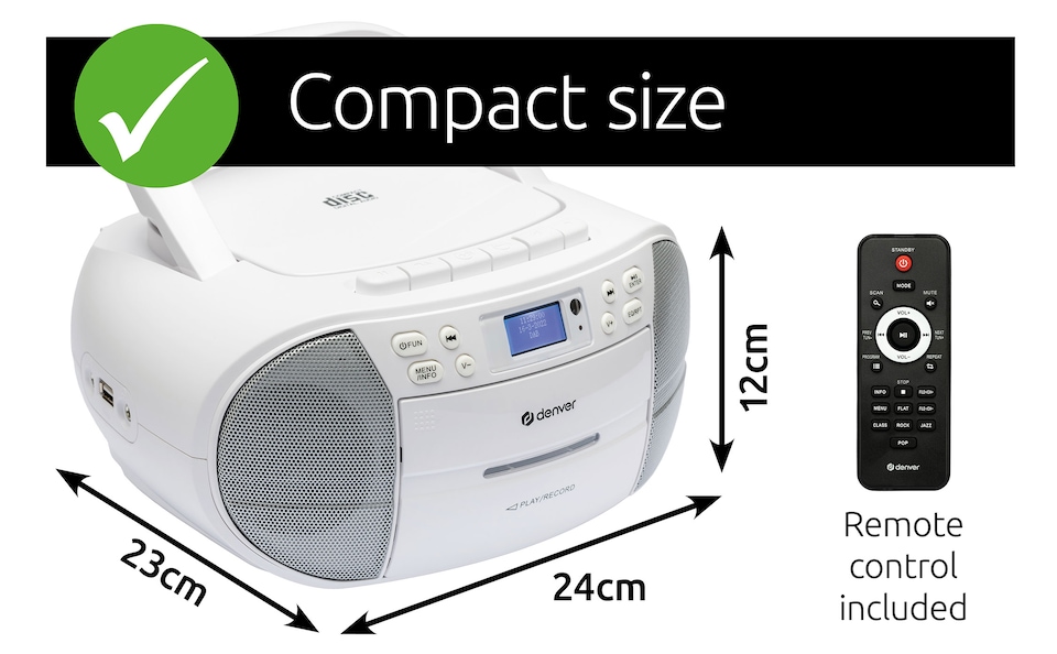 image 1 of Denver Portable Radio CD Tape Cassette Player With DAB Radio – Mains or Battery Power - TDC-280 | White