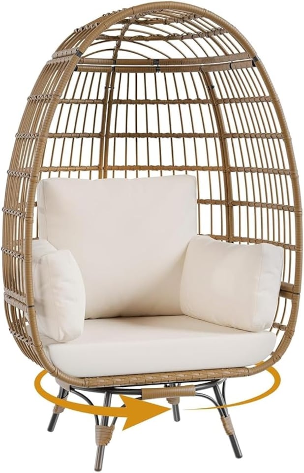image 1 of London Boutique Oversized Rattan Egg Chair 85x143x95cm - 360° Swivel Patio Lounge Chair with Beige Cushions, All-Weather PE Wicker & 350 lbs Metal Base for Garden & Balcony