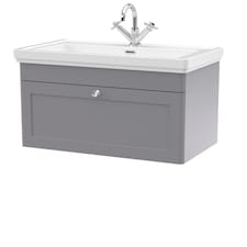 Bathroom Wall Hung 1-Drawer Vanity Unit & Fireclay Basin, Grey, 800mm | Grey | Satin Grey | 470 x 830 x 496mm