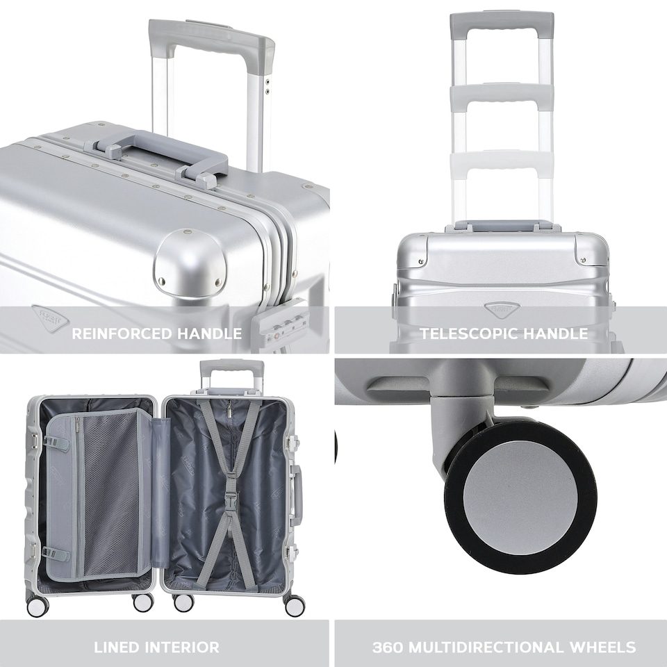 image 1 of Flight Knight Premium Travel Suitcase - 8 Wheels Built-in TSA Lock Aluminium Frame, ABS Hard Shell Carry on Check in Luggage - 100+ Airlines Approved Silver | Aluminium | Cabin Bag