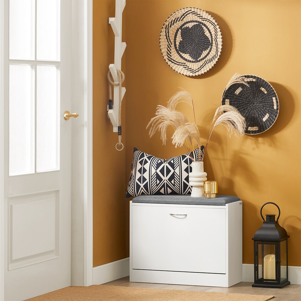 image 1 of SoBuy Shoe Storage Bench with Flip Drawer & Cushioned Seat, White, 23.6x9.4x18.5 in, 11.9 kg - FSR16-K-W