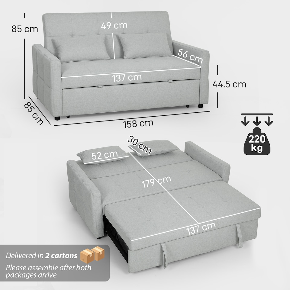 image 1 of HOMCOM 2 Seater Sofa Bed, Convertible Pull Out Bed Settee, Light Grey