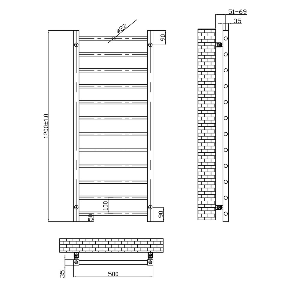 image 1 of Brushed Brass 1200 x 500mm Heated Bathroom Towel Rail Warmer Ladder Radiator with Angled Manual Valves Pair