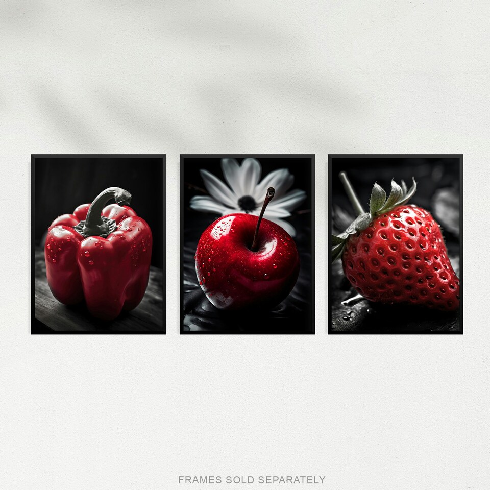 image 1 of Set of 3 Red Apple Pepper Strawberry Black White Photograph Kitchen Wall Art Print A4