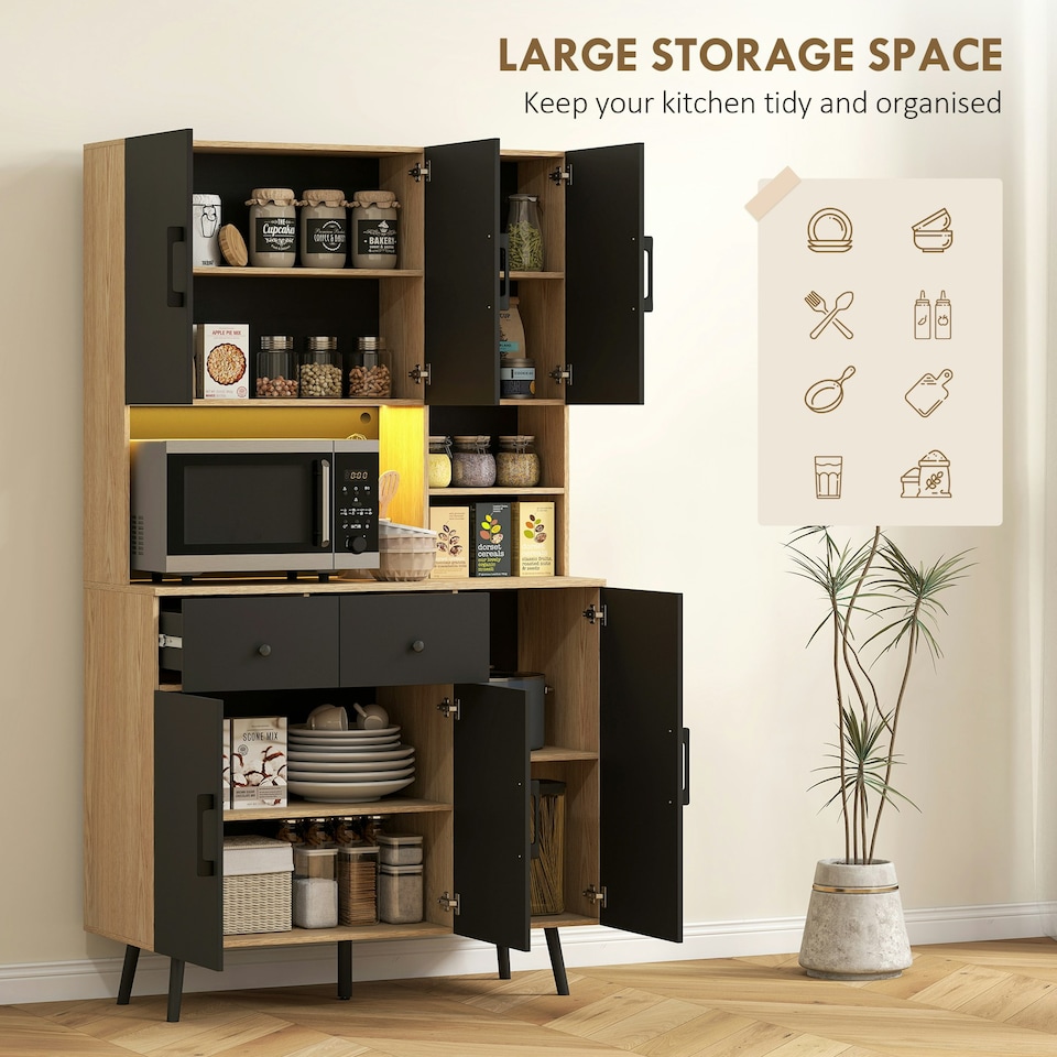 image 1 of HOMCOM Tall Kitchen Cupboard with LED Lights and Adjustable Shelves, Oak | Black | Oak | 100W x 40D x 176H cm
