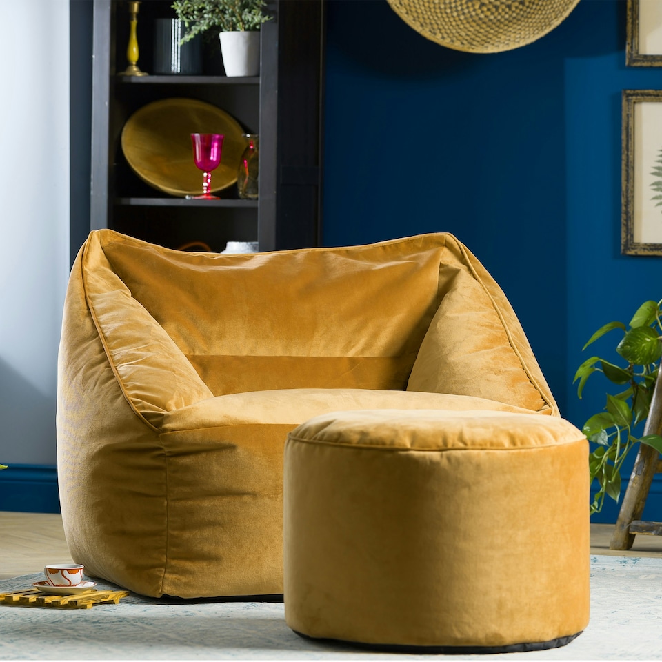 image 1 of icon Natalia Velvet Adults Bean Bag Armchair and Pouffe, Ready Filled Large Beanbag and Footstool Ochre Yellow Yellow | Yellow