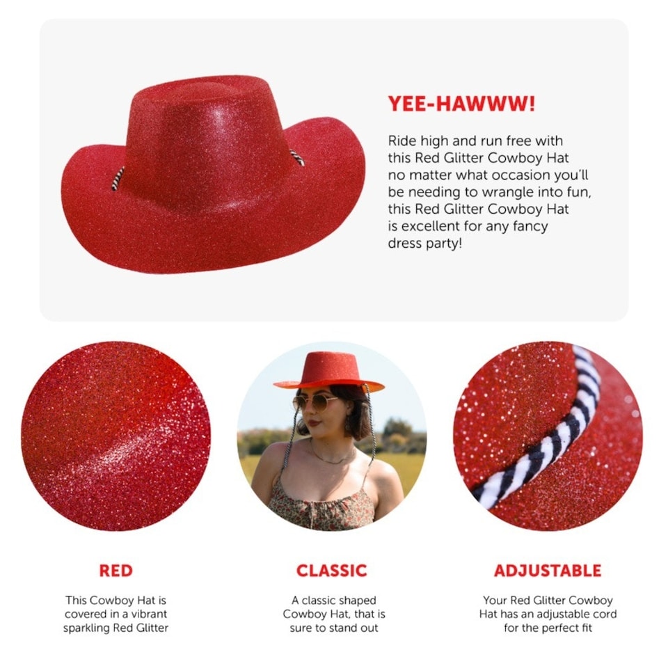 image 1 of Pack of 6 Red Glitter Cowboy Hat Red | One Size