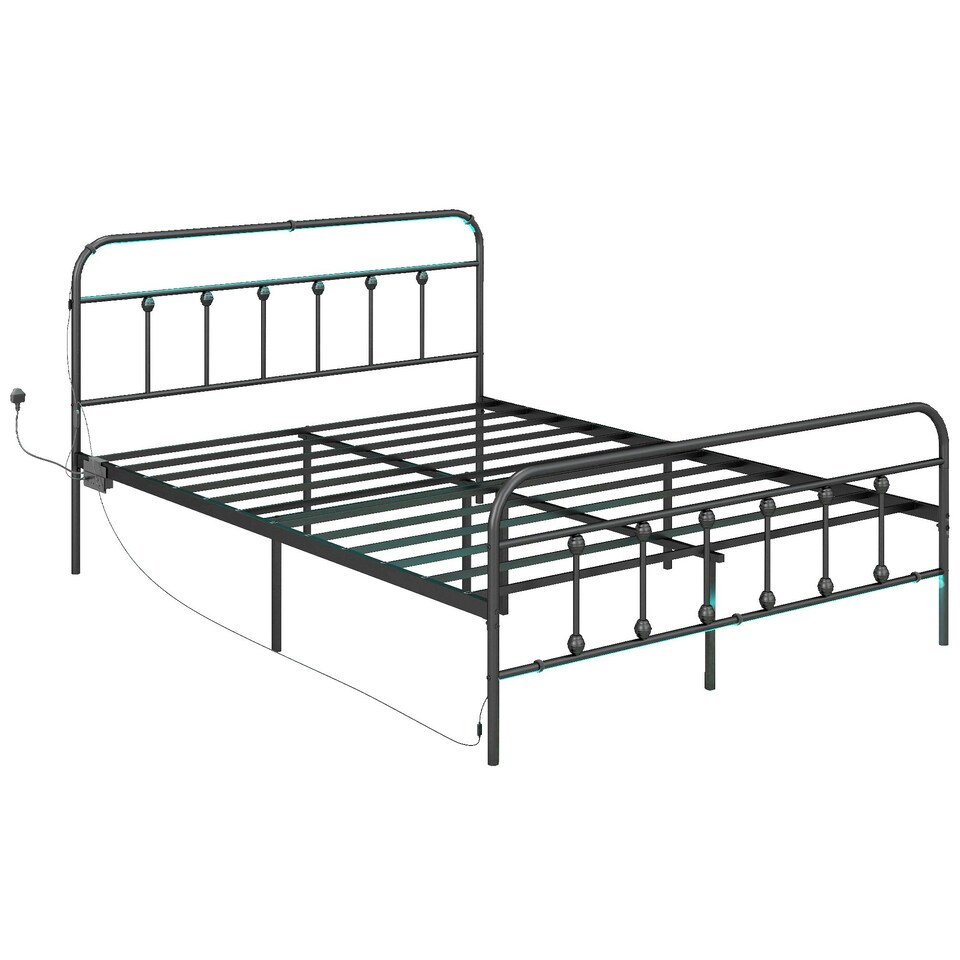 image 1 of HOMCOM Double Bed Frame with LED Lights and Charging Station, Black