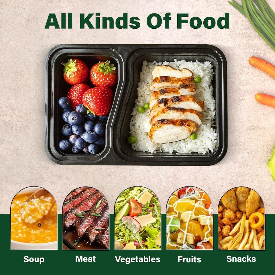 image 1 of 32oz Black 2 Compartment Meal Prep Containers With Lid Plastic Microwave Safe Food Storage Box 10pc