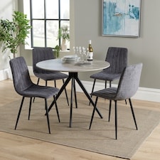 Aspen Round Dining Table with 4 Straight Stitch Dining Chairs - Grey Oak/Black - Flat Packed Grey