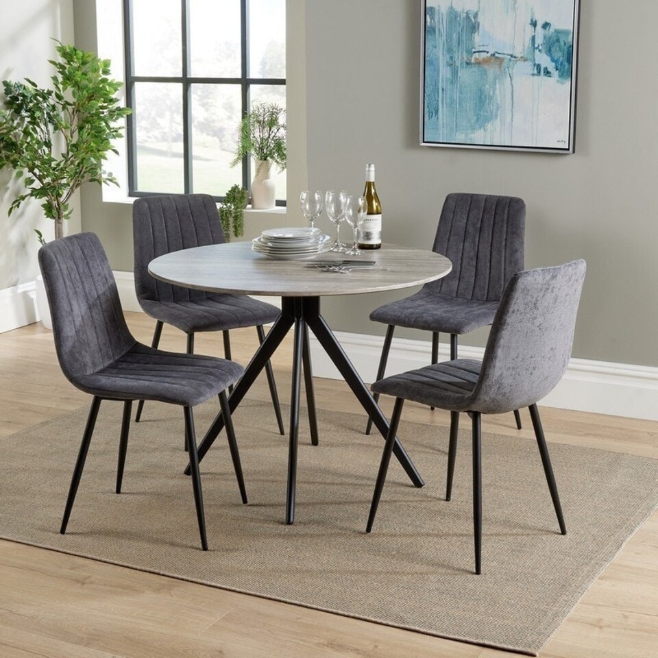 image 1 of Aspen Round Dining Table with 4 Straight Stitch Dining Chairs - Grey Oak/Black - Flat Packed Grey