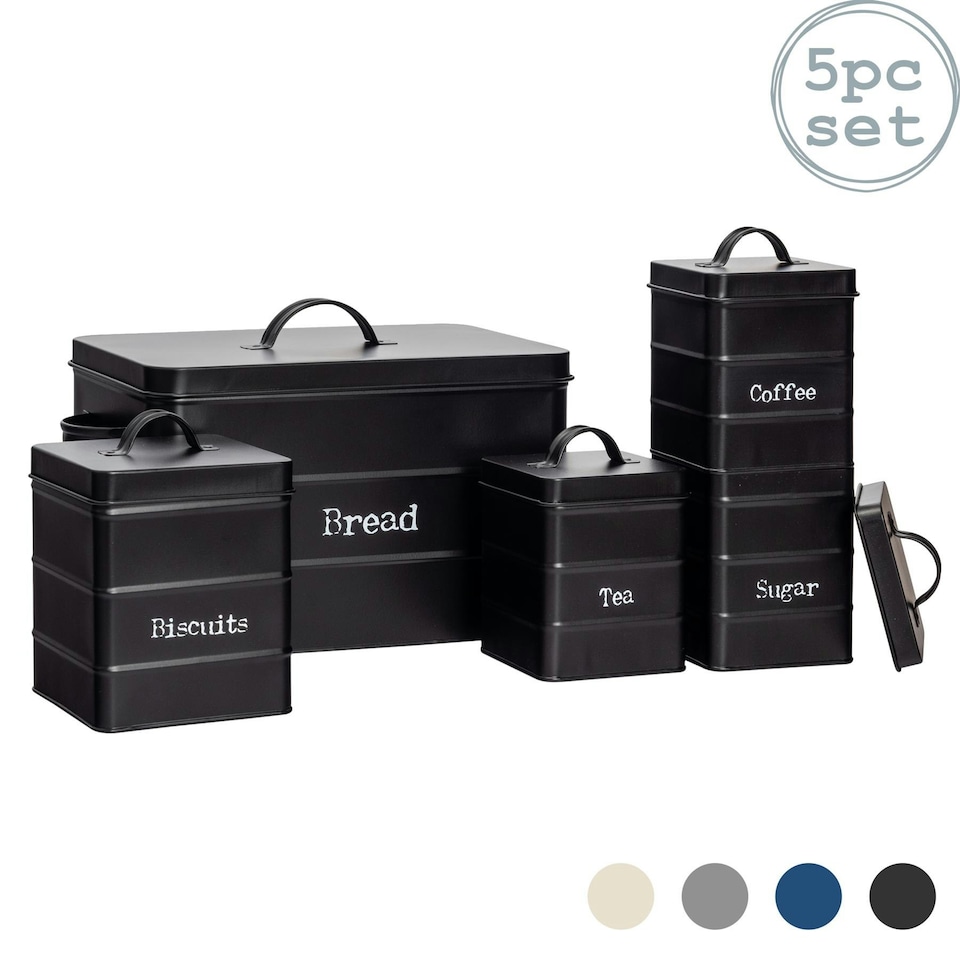 image 1 of Harbour Housewares 5 Piece Black Vintage Metal Kitchen Canisters Set Utility Storage Utility Containers Storage Box Storage Container