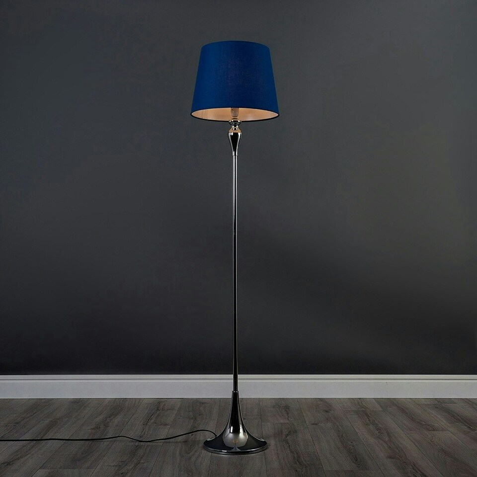 image 1 of ValueLights Modern Polished Chrome Spindle Design Floor Lamp With Navy Blue Shade