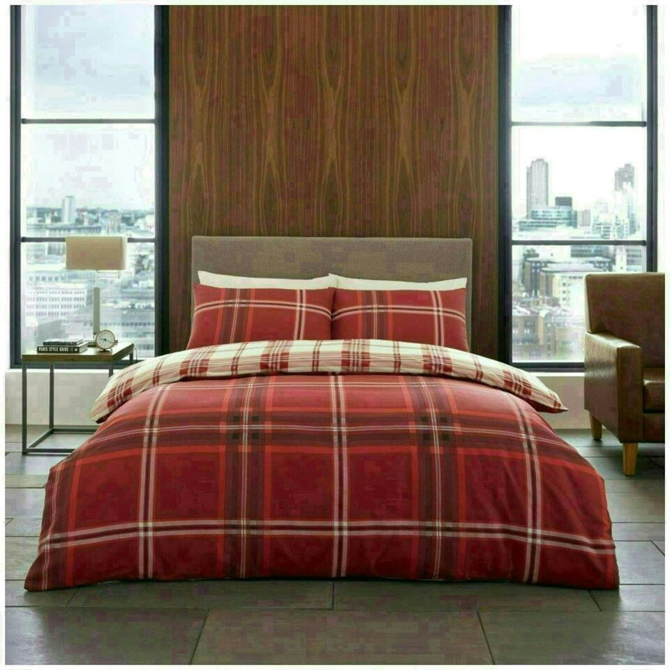 image 1 of VELVETIO Bardsley Check Printed Duvet Cover Set Reversible Polycotton Beddings Red | Double