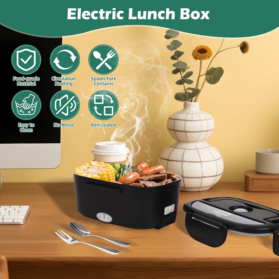 image 1 of Alivio Electric Lunch Box with 1.5L Stainless Steel & 0.5L Plastic Container, Quick Heating, Leak-Proof (Black)