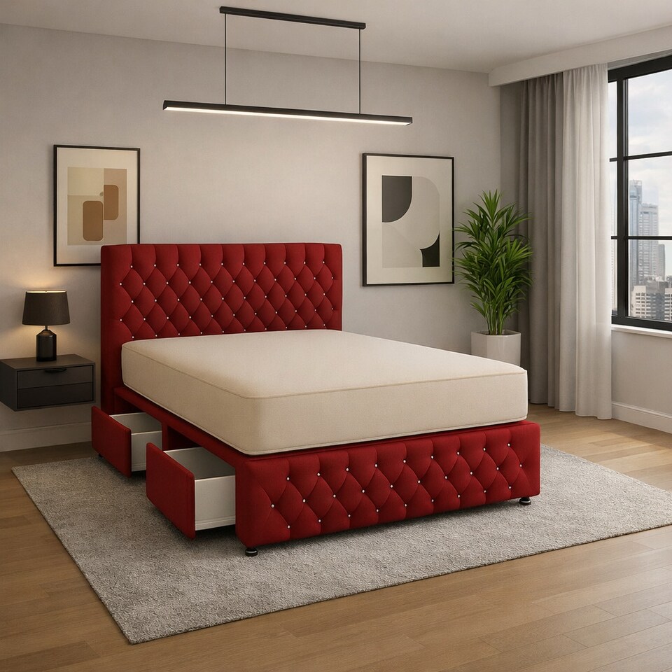 image 1 of Maroon chesterfield double 4ft6 divan bed with headboard and footboard set  No Drawers
