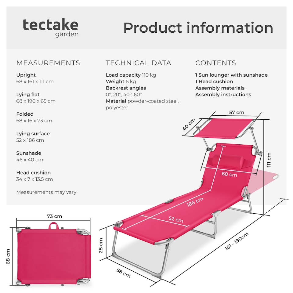 image 1 of Sun Lounger - foldable, adjustable sunroof, 4-step backrest, head cushion | Pink | pink | 1