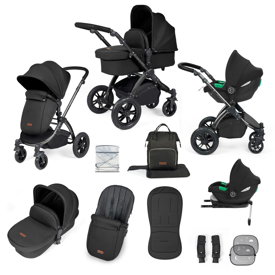image 1 of Stomp Luxe 12pc Travel System with Cirrus i-Size Car Seat & ISOFIX Base, Carrycot, Reversible Seat, Rain Cover & More (Black/Midnight/Black)