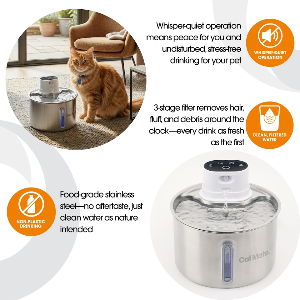 image 1 of Cat Mate 2.2 Litre Stainless Steel Cordless Cat Water Fountain | Silver