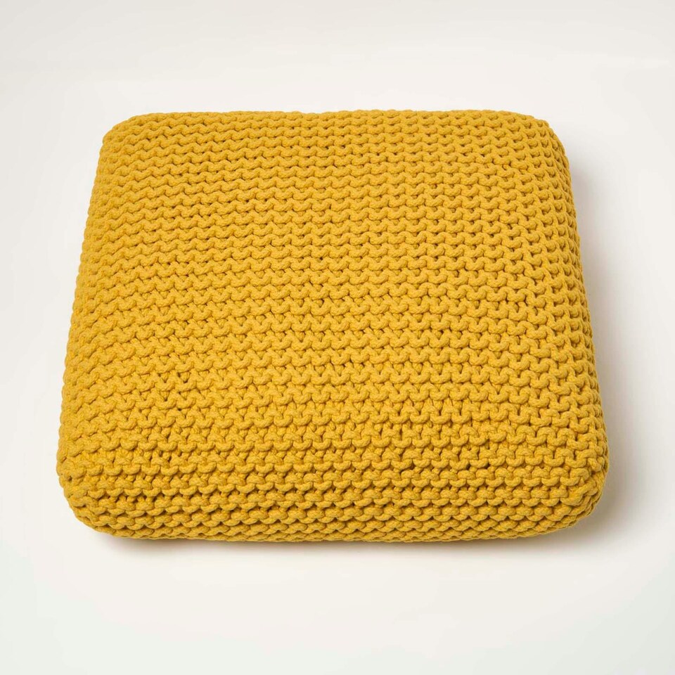 image 1 of Homescapes Yellow Square Cotton Knitted Pouffe Floor Cushion | Yellow | 70 x 20 cm