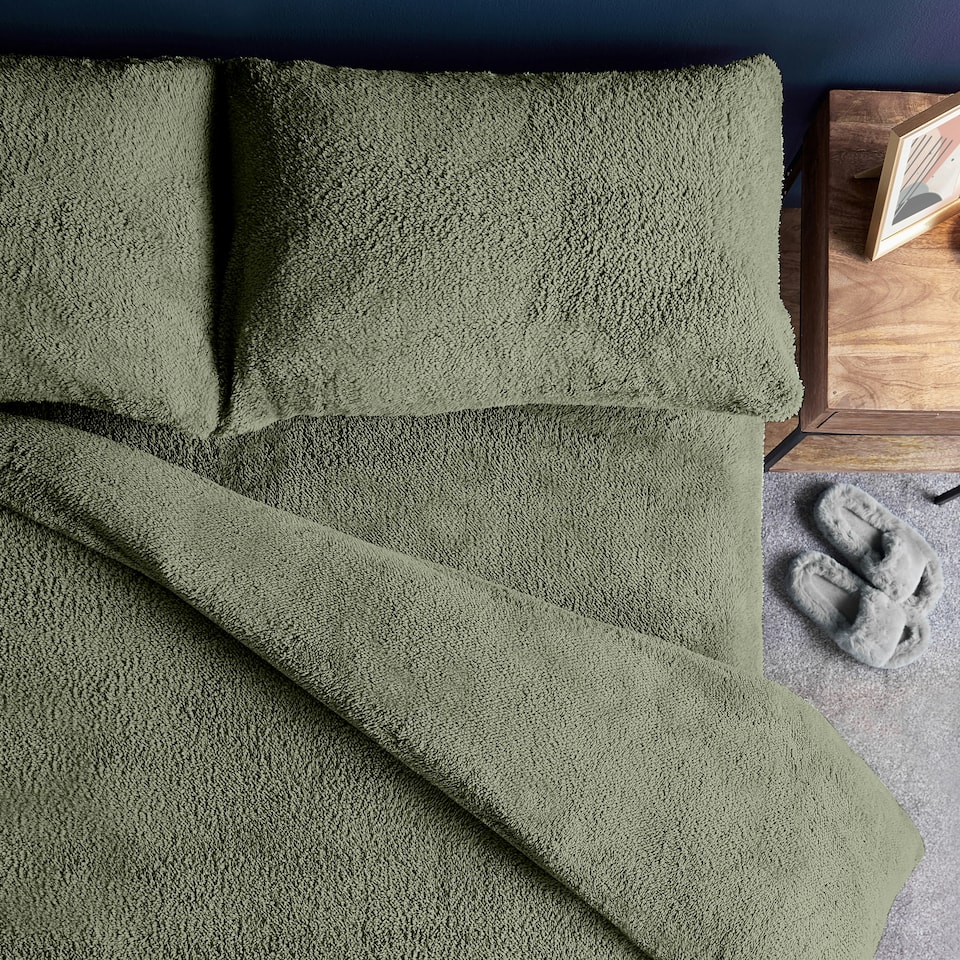 image 1 of Silentnight Teddy Fleece Duvet Cover and Pillowcase Set, Sage Green, Single