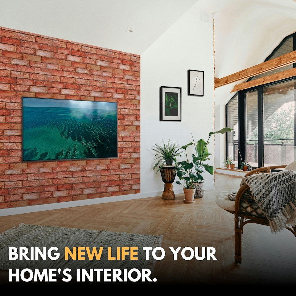 image 1 of NOVECRAFTO 3D Brick Effect Wall Panels – 6 PVC Sheets, Covers 2.76 sqm (29.76 sq ft), 96x48cm Each – Reddish Brown Faux Brick Cladding for Interior Walls