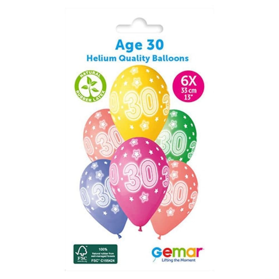 image 1 of Assorted Colour Cosmic Stars Age 30 Latex Balloons 33cm / 13 in - Pack of 6