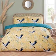 Cranes Floral Polyester Reversible Duvet Cover Set with Pillowcase Yellow | Single