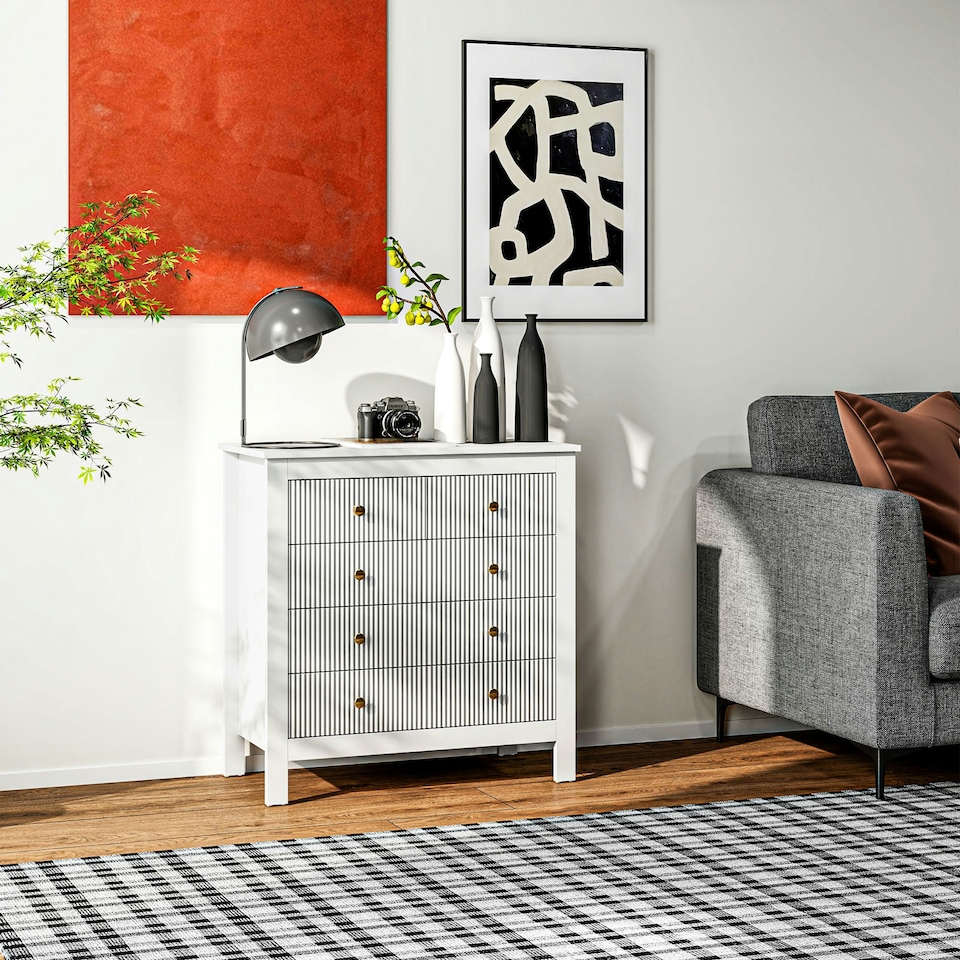 image 1 of HOMCOM Fluted Bedroom Chest of Drawers w/ 5 Drawers Gold Tone Handles White