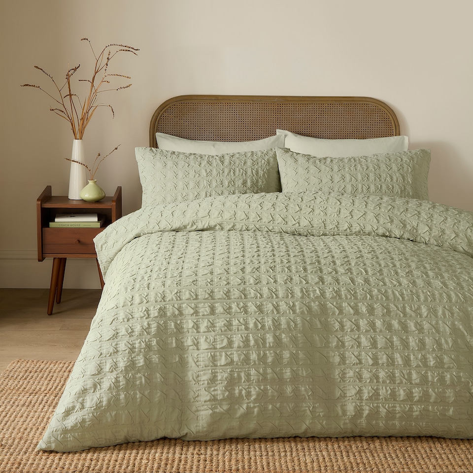 image 1 of Serene Embossed Grid Duvet Cover Set Green