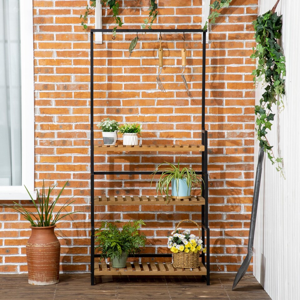 image 1 of Outsunny 3 Tiered Plant Stand Rack with Hanging Hooks for Indoor Outdoor