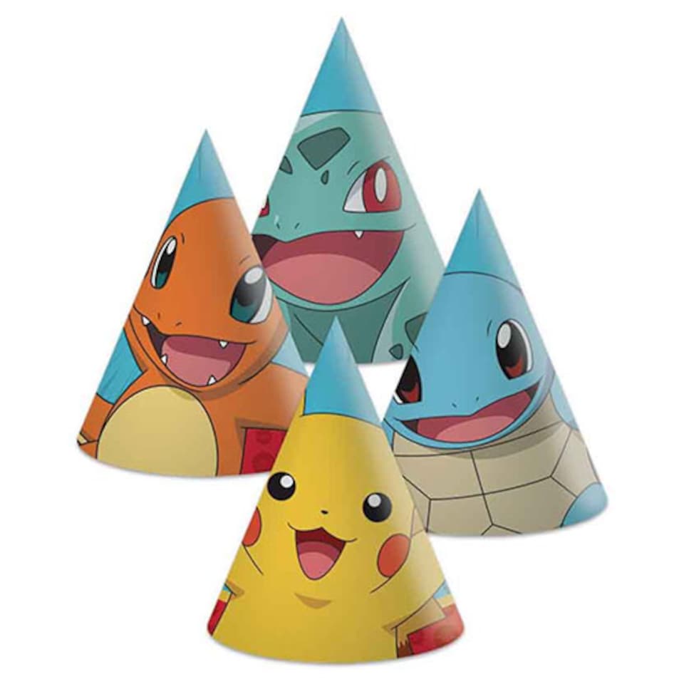 Charmander, Bulbasaur, Squirtle & Pikachu Pokemon Party Hats - Pack of 6