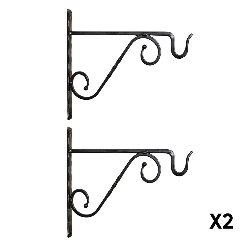 image 1 of Pack of 2 Tom Chambers Heavy Duty Handcrafted Metal 35cm Black Twisted Wall Bracket Hook For Garden Patio Hanging Basket Planter Bird Feeder | Black | Black