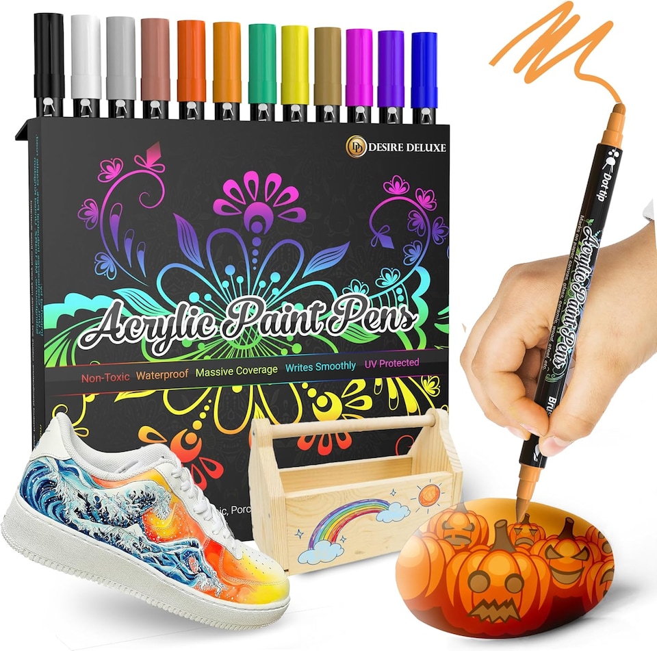 image 1 of Desire Deluxe Acrylic Paint Pens for Rock Painting, Stone, Ceramic, Glass, Wood, Canvas – Set of 12 Non Toxic Water Based Markers - Great Artists Painting Supplies