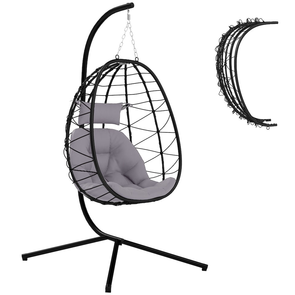 image 1 of Outsunny Garden Egg Chair Outdoor Hanging Swing Chair, Folding Basket, Grey