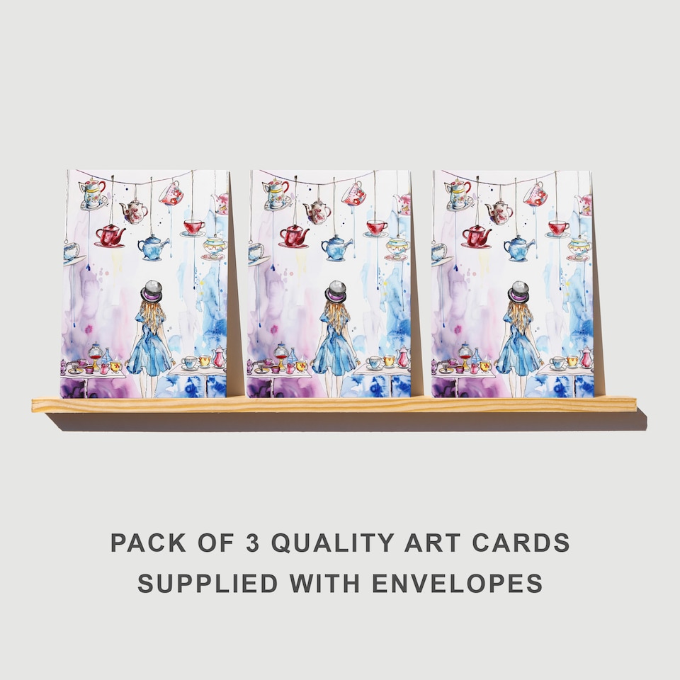 image 1 of Alice Mad Hatter Tea Party Greeting Card Any Occasion Set of 3 Blank Inside