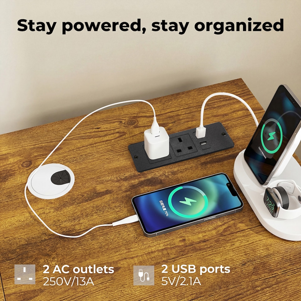 image 1 of Levede Gaming Desk L Shaped with USB Charging Port Power Outlet Walnut Color