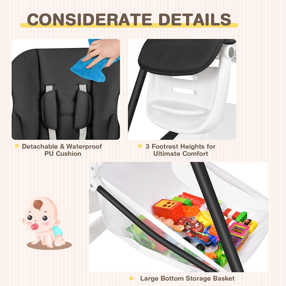 image 1 of COSTWAY Folding Baby High Chair Convertible Infant Portable Dining Highchair-Black