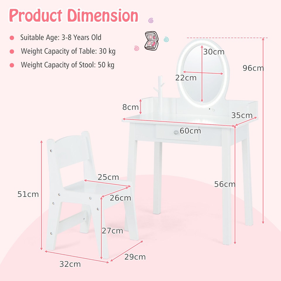 image 1 of COSTWAY Kids Vanity Set Makeup Beauty Dressing Table White